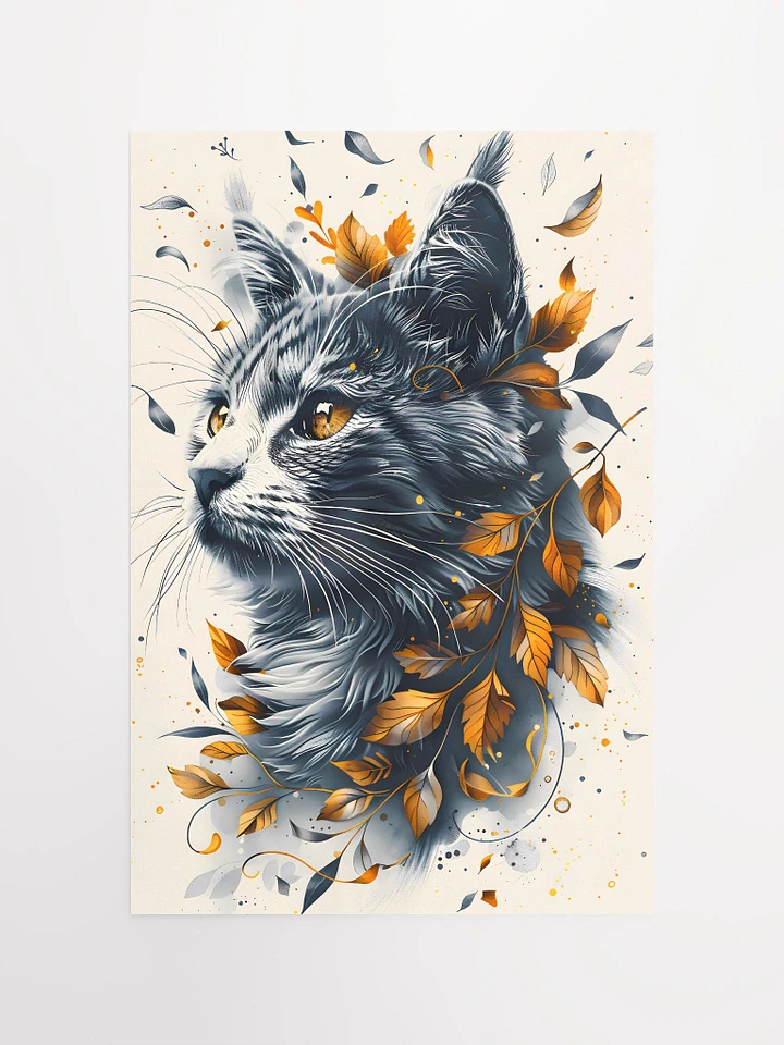 Whimsical Autumn Embrace: Majestic Cat Amidst Golden Leaves Illustration Matte Poster product image (2)