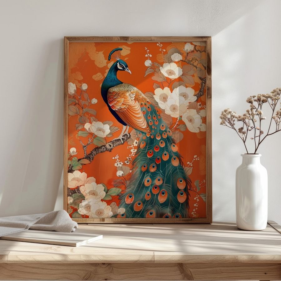 Art Nouveau Peacock on Orange Floral Art Print product image (20)