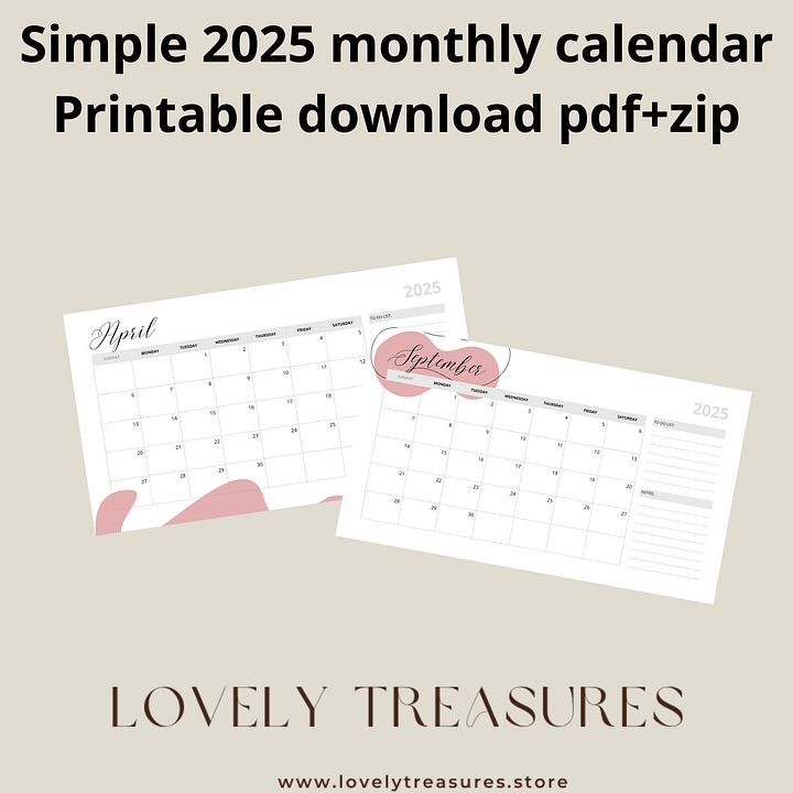 Simple printable 2025 monthly calendar product image (1)