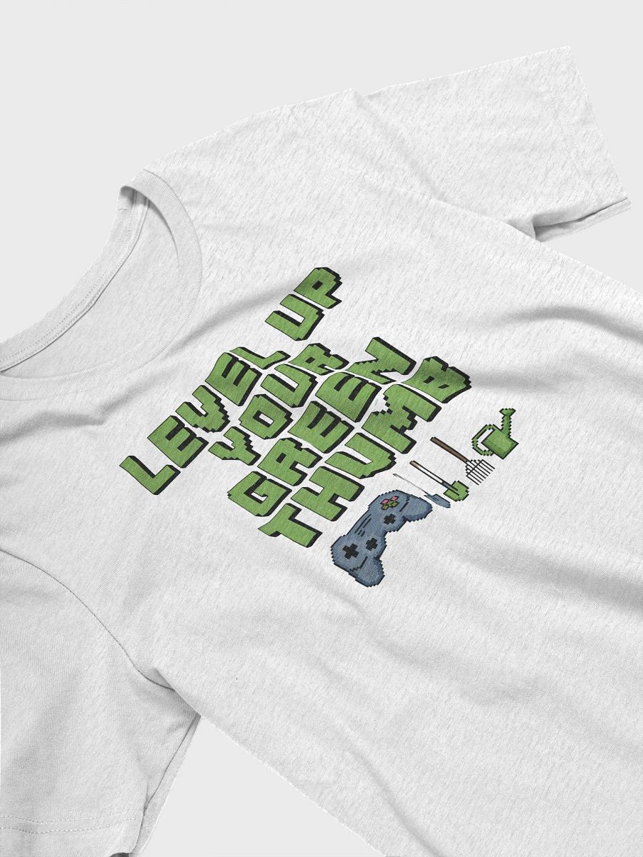 “LEVEL UP YOUR GREEN THUMB” t-shirt, gaming and gardening icons, planting skills tee, virtual gardening pride, classic gaming symbols, green thumb, garden lover, gamer lover, unique gift product image (3)