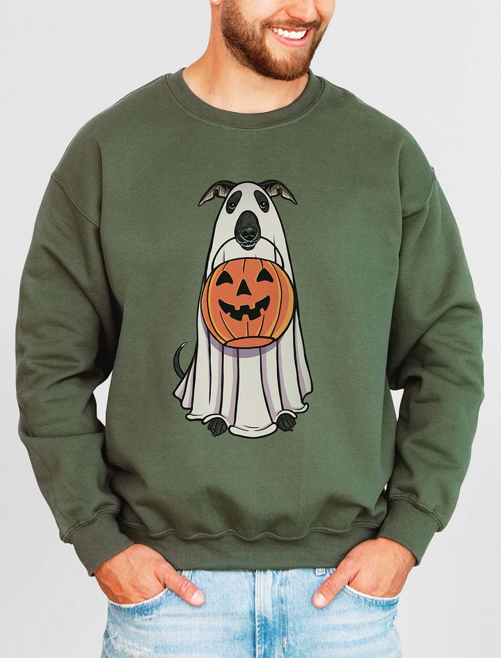 Funny Halloween Italian Greyhound(Black) Sweatshirt | Funny Iggy Wearing a Ghost Costume and Holding a Pumpkin Basket product image (11)