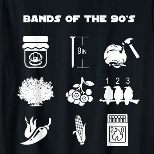 “Only ’90s kids (and music nerds) will get this… How many bands can you name from this shirt? 

I got all 9—let’s see who can...