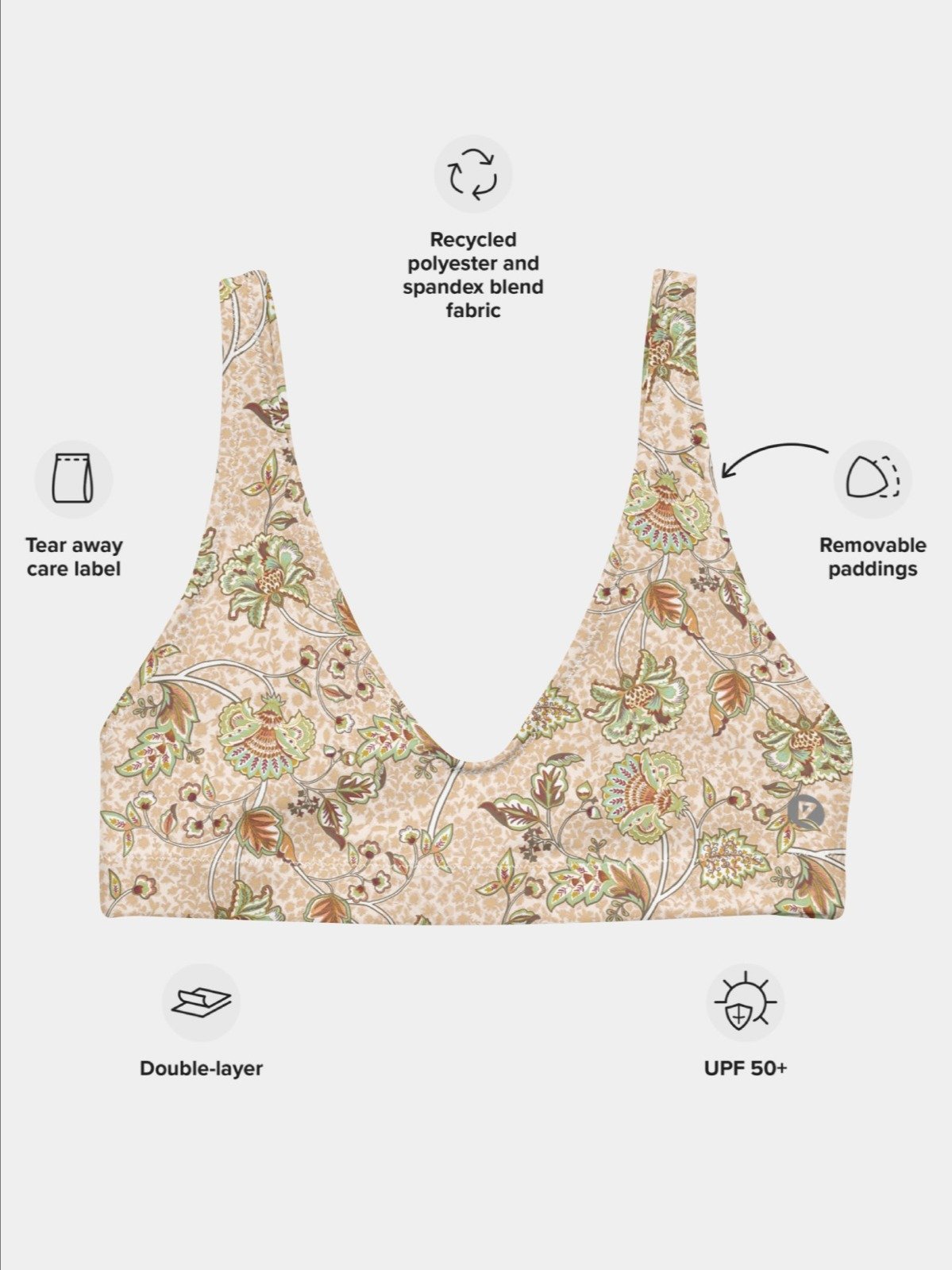 Padded Bikini Top "Elegant Neutral Beige Chintz" product image (8)