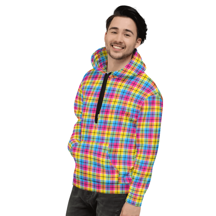 Hot Pink, Turquoise, and Yellow Plaid Hoodie product image (4)
