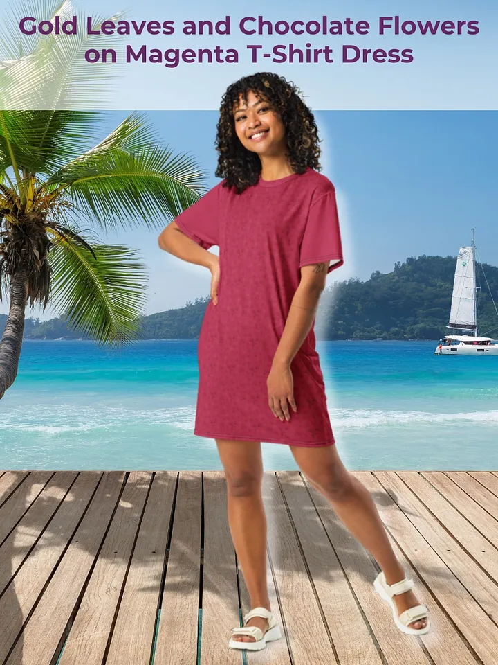 Gold Leaves and Chocolate Flowers on Magenta Women's T-shirt Dress product image (1)