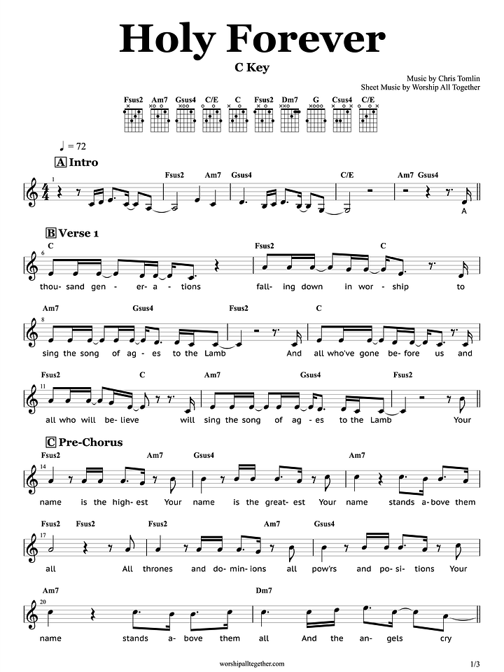 Holy Forever (C Key) - Chris Tomlin | Sheet Music, Chord, Lyrics product image (1)