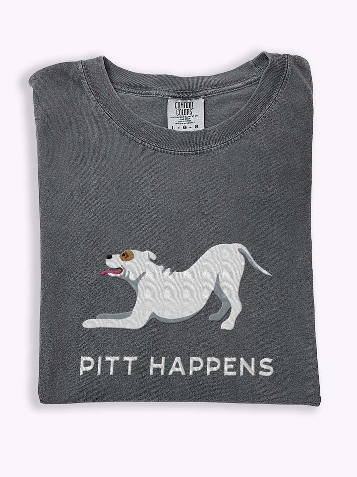 Pitt Happens T-Shirt(Embroidered) of a Pitbull Terrier(White) product image (1)
