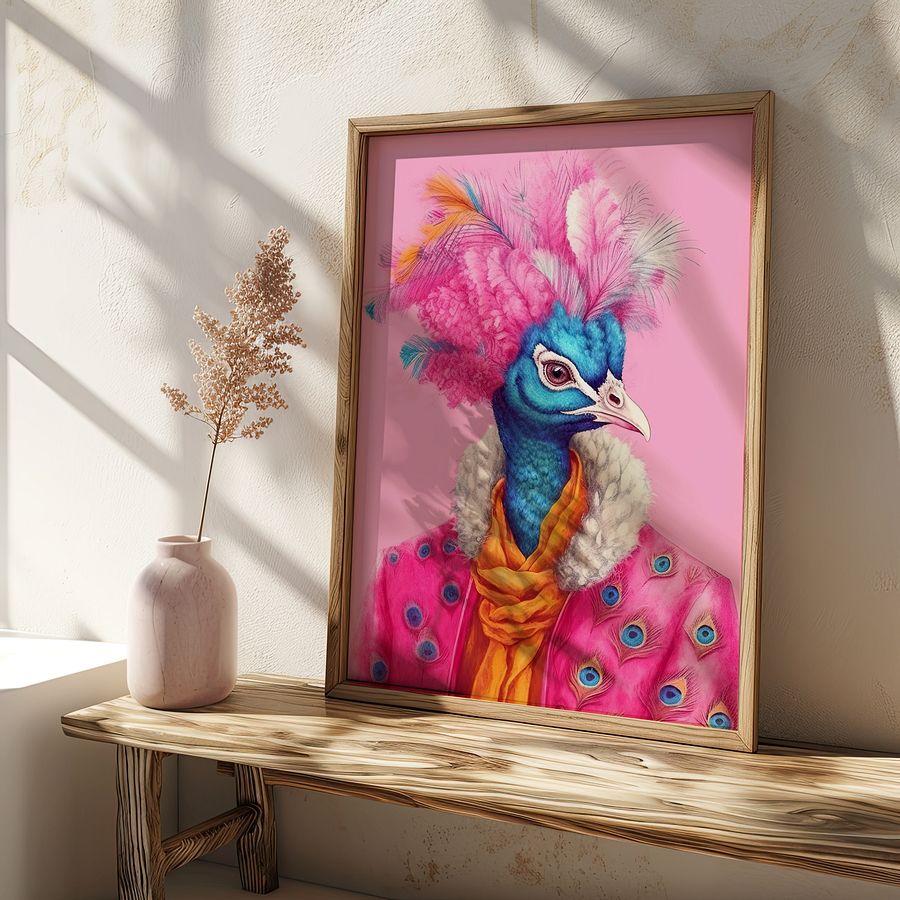 Anthropomorphic Peacock in Pink Coat Animal Portrait product image (10)