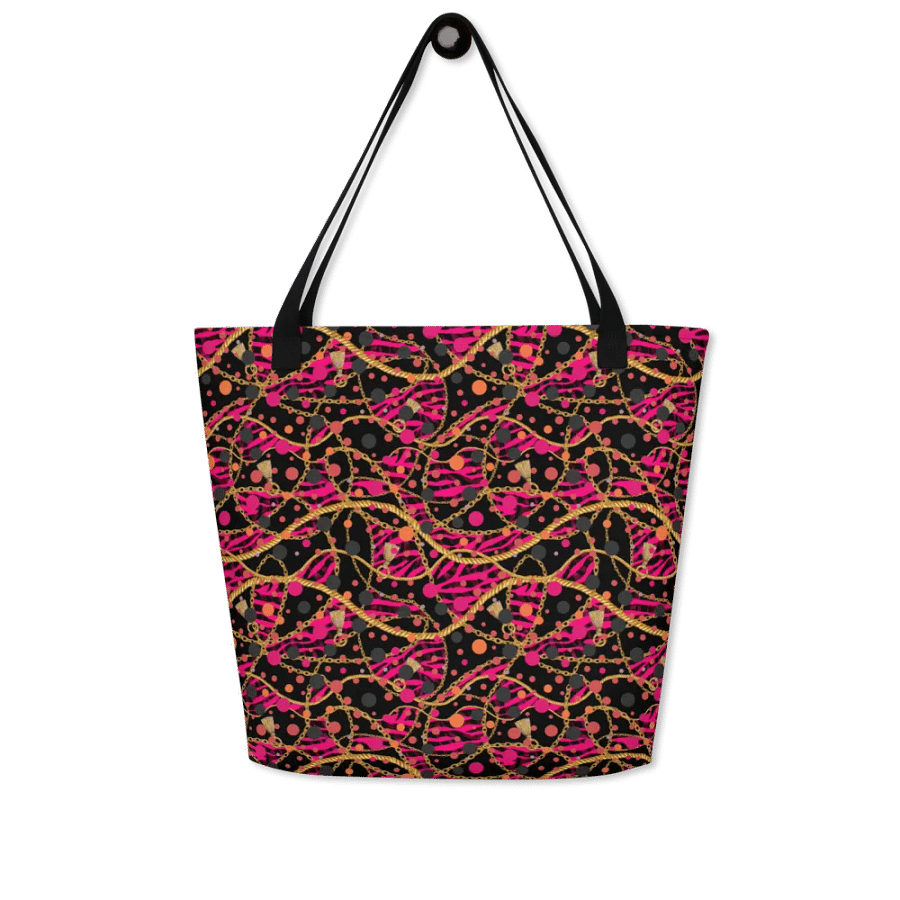 Big printed tote bag with pocket bright reds/pink  gold design product image (5)