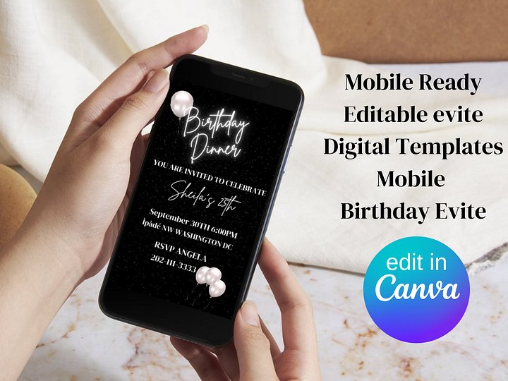 Editable Birthday Dinner E-vite, Digital Template, Digital Invite, Mobile Phone Invite product image (1)