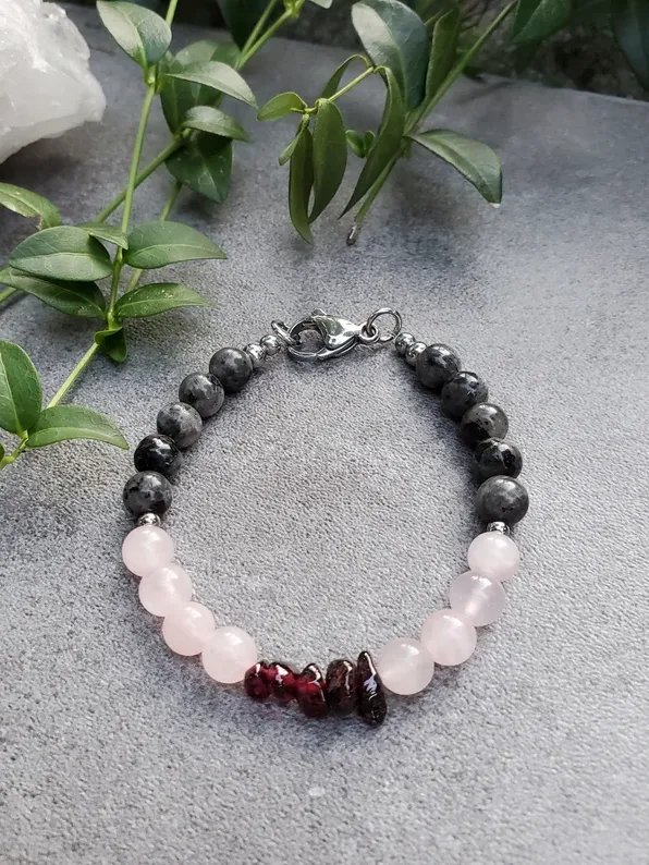 Devotion Bracelet | Rose Quartz, Garnet, Larvikite | Handmade Crystal Healing Jewelry product image (1)