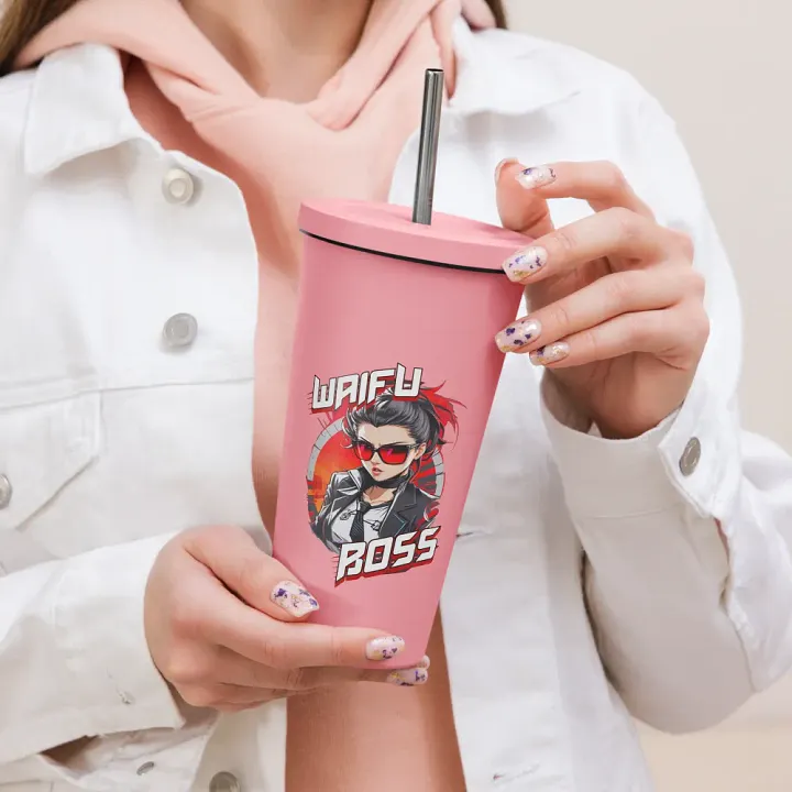Waifu Boss 20 oz Tumbler Cup - Pink - Insulated Tumbler with a Straw v1 product image (2)