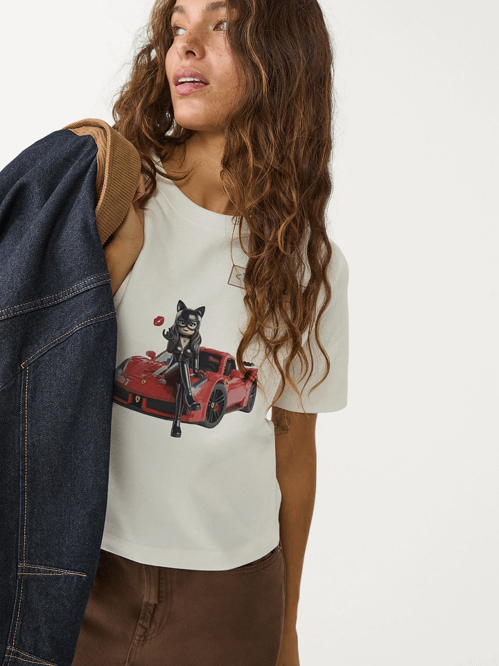 LEGO-Style Catwoman Blowing a Kiss on Ferrari – Geek T-Shirt Design product image (2)