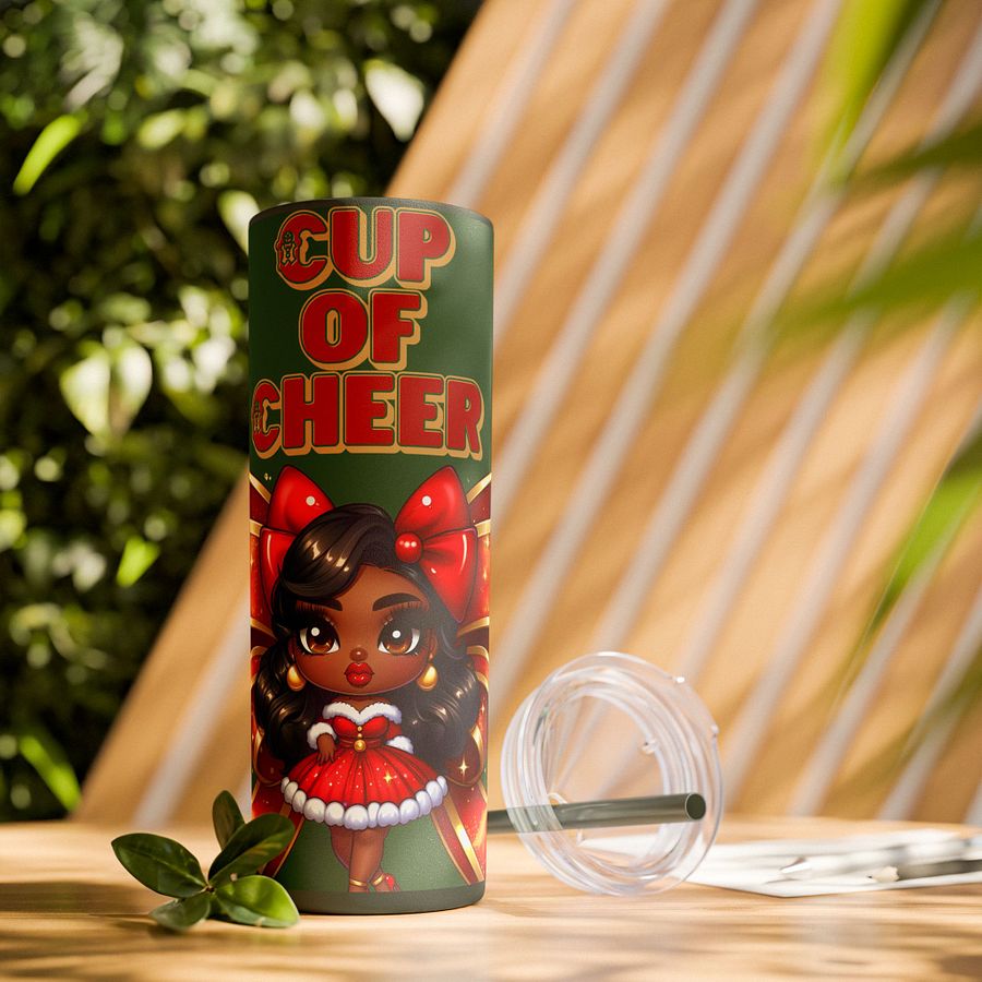 Cup of Cheer Design, Christmas Tumbler Wrap Digital Download, Brown Holiday Doll Art, 20oz Sublimation Design, Festive Holiday Wrap PNG product image (2)