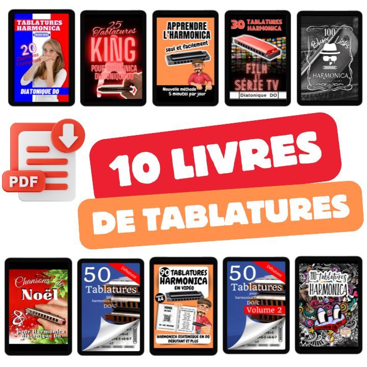 Pack 10 livres de tablatures pour harmonica diatonique en Do /C version PDF product image (1)