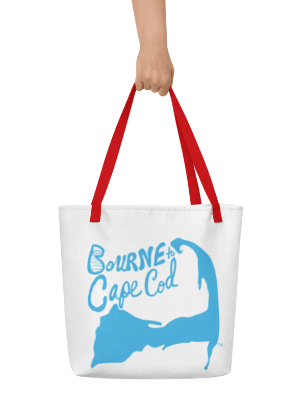 BOURNE to Cape Cod™ | Large Tote Bag with Pocket | Coastal Classic | All-Over Logo Print | Blue Logo on White product image (1)