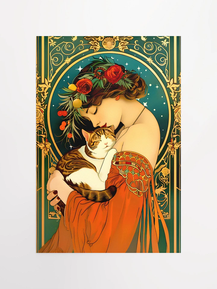 Eternal Embrace: Lady and Feline in Mucha-Inspired Art Nouveau Matte Poster product image (2)