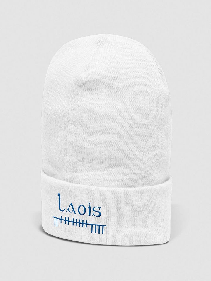 Laois Orthodox style Ogham, white with blue, embroidered Cuffed Beanie product image (2)