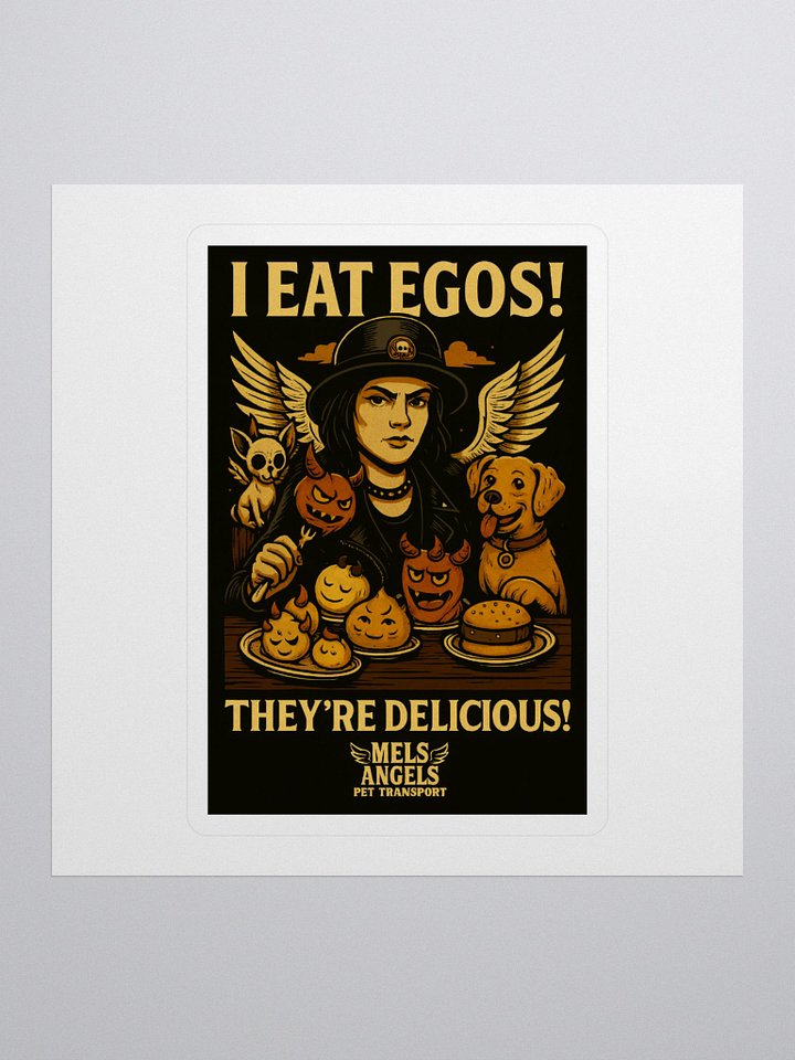 Mel’s Angels "I Eat Egos – They’re Delicious" Sticker | Punk Rock Vintage Dog Art Decal product image (1)