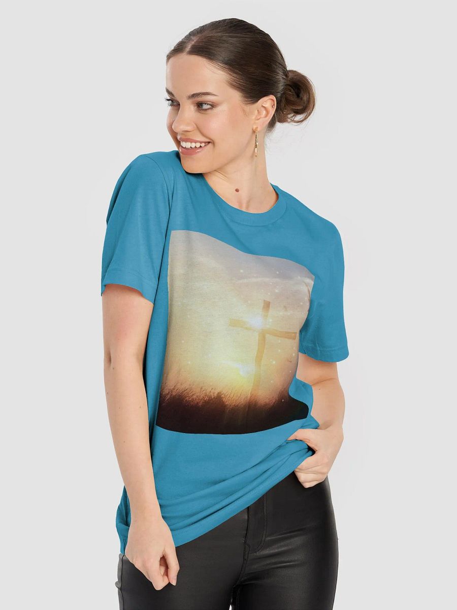 Radiant cross illuminated by a bright, golden light, set against a soft & glowing sunrise background & doves t-shirt product image (8)