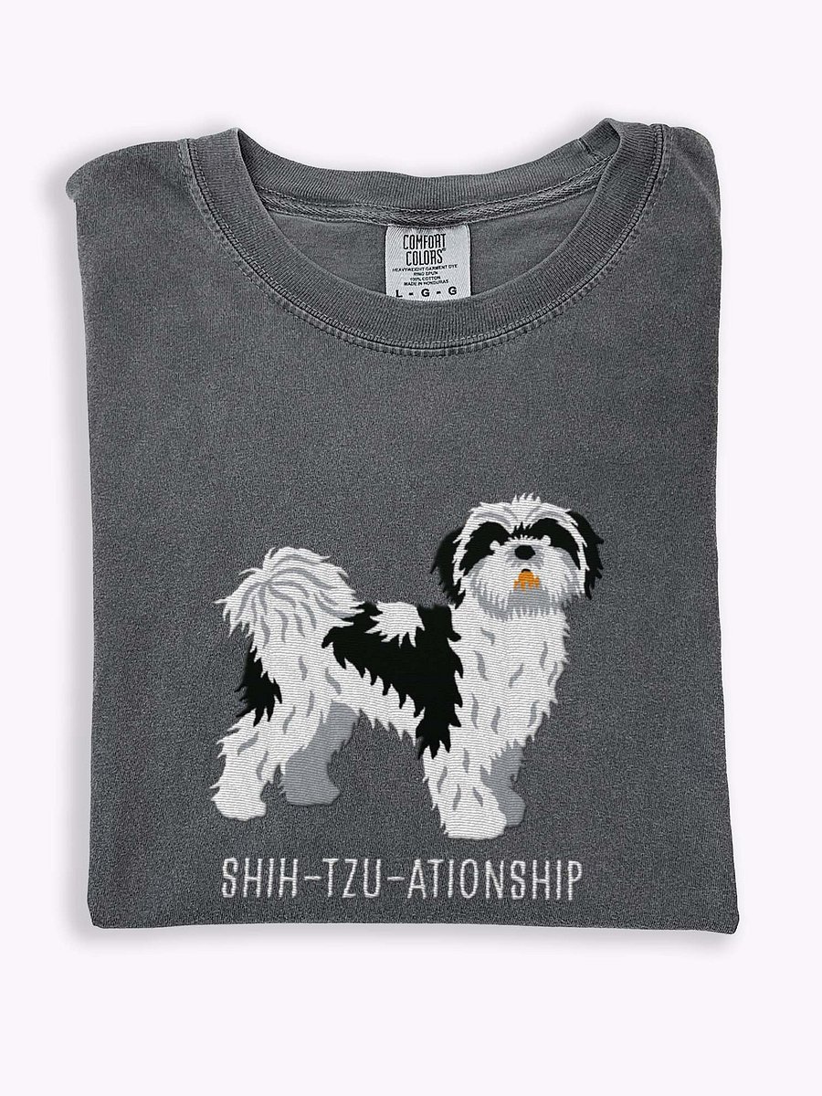 Shih-Tzu-ationship T-Shirt(Embroidered) of a Shih Tzu(Black & White) product image (1)