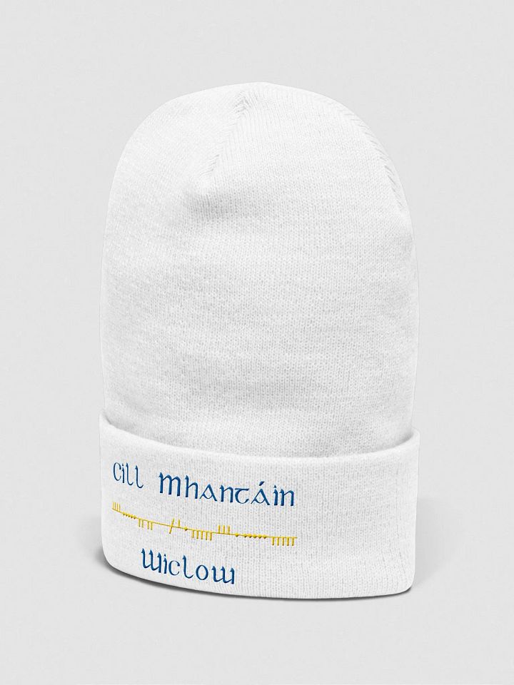 Wicklow/Cill Mhantáin Scholastic style Ogham, white with gold and blue, embroidered Cuffed Beanie product image (2)