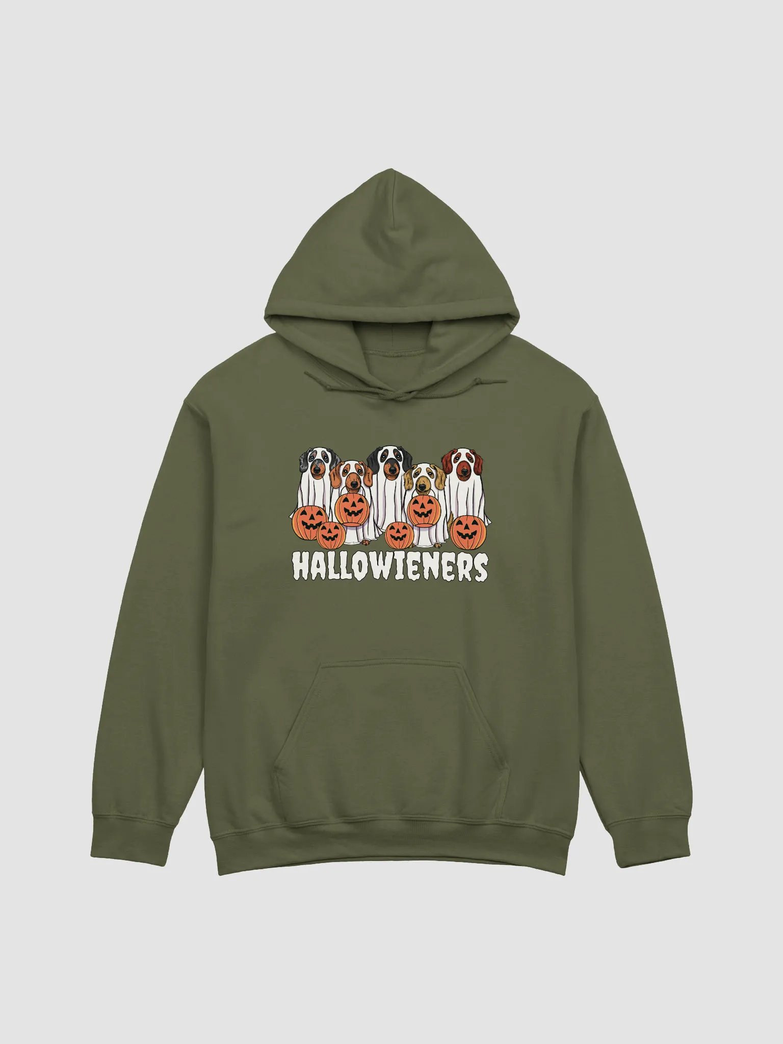 Trick or Treat Funny Halloween Dachshund Dogs Hooded Sweatshirt | Funny Wieners/Doxies Wearing Ghost Costumes and Holding Pumpkin Baskets product image (1)