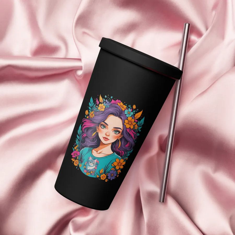 Bloomcore Flower Girl 20 oz Tumbler Cup - Black - Insulated Tumbler with a Straw - v2 product image (4)