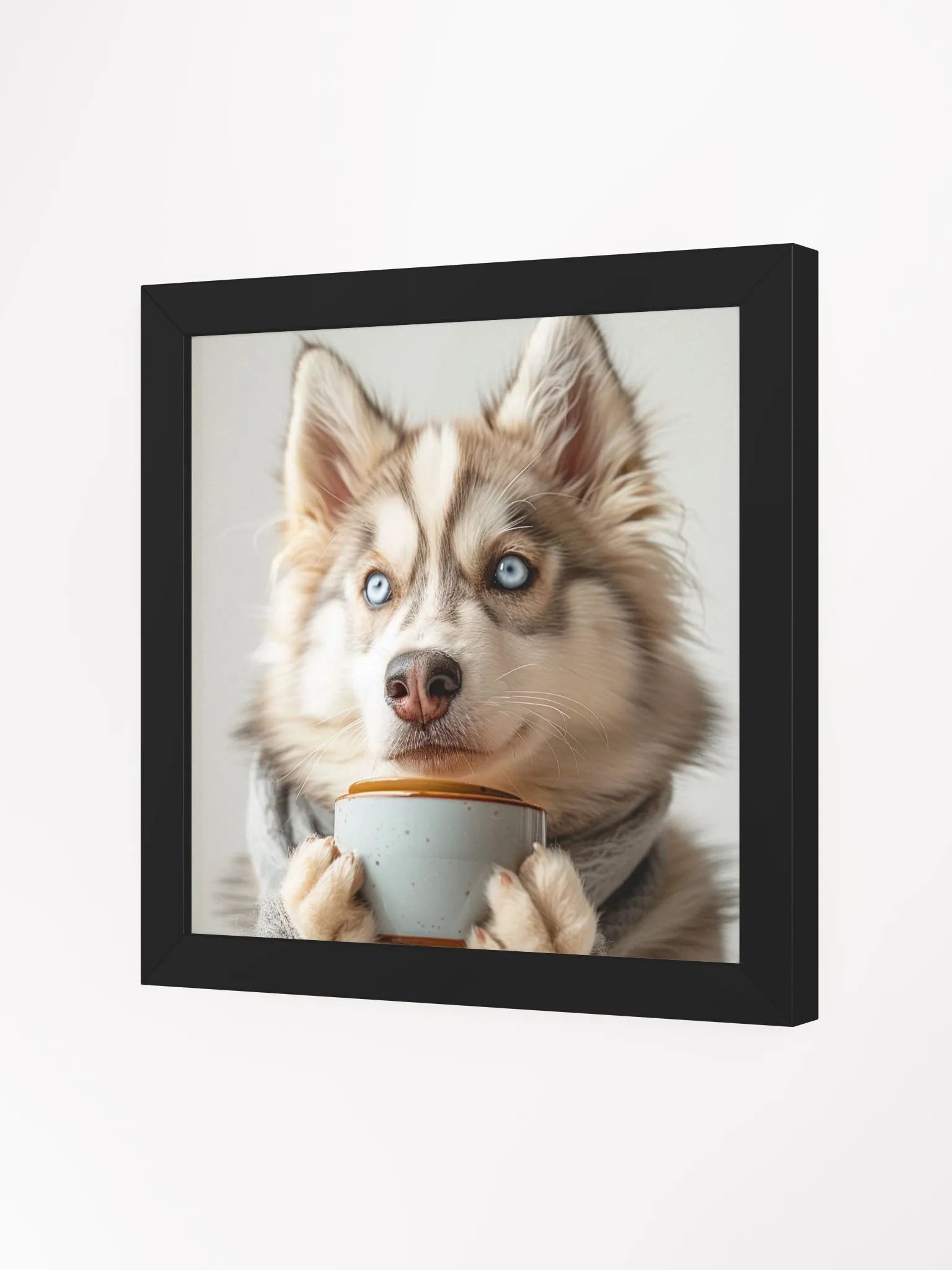 Cute Coffee Lover Blue Eyed Husky Dog Framed Wall Art product image (4)