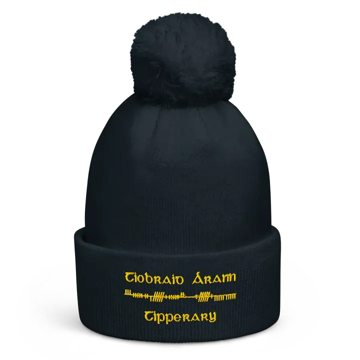 Tipperary/Tiobraid Árann Orthodox style Ogham, navy with gold, embroidered Pom-Pom Beanie product image (1)