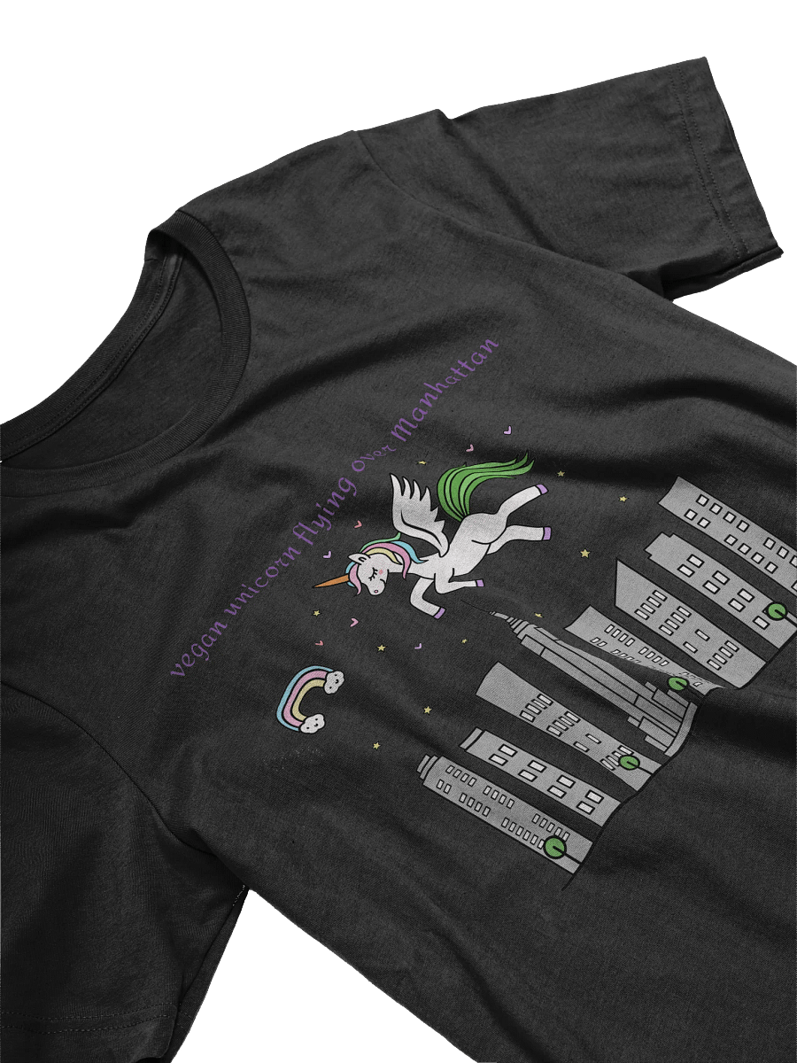 “Vegan Unicorn Flying Over Manhattan” Unisex Black T-Shirt product image (2)