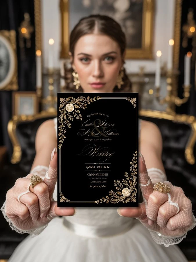editable vintage black gold wedding invitation