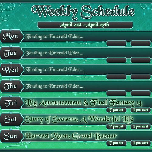Emerald Eden Hours 4.21 - 4.27💐

🌸BIG ANNOUNCEMENT AND NEW STREAM STUFF ON FRIDAY! FFXIV DT Raids and Cosmic Exploration! (I ...