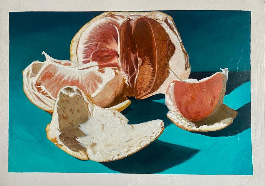 GRAPEFRUIT HUES ON A TURQUOISE BACKDROP: A VIBRANT ARTISTIC DISPLAY product image (1)