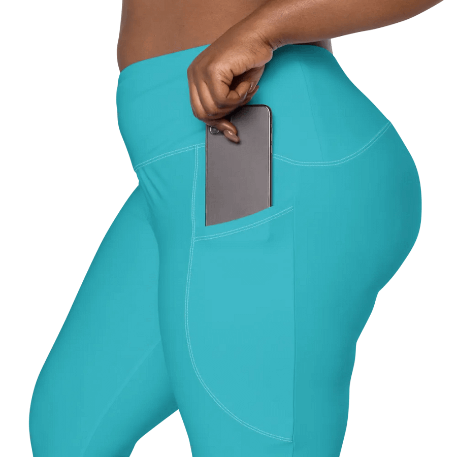 Plain Turquoise Blue Light Summer Women's High Waisted Premium Crossover Leggings with Pockets by Treasure Pie product image (9)
