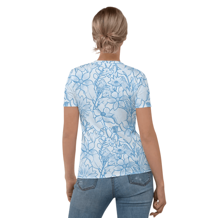 Line art Blue and White Floral/All-Over Print Women's Crew Neck T-Shirt by Sublicolor product image (1)