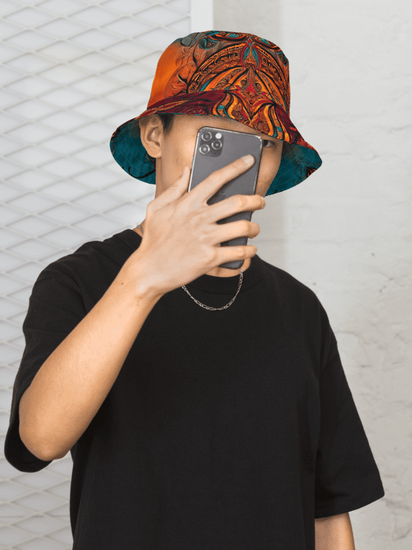 Reversible Burnt Orange & Teal Mandala Inspired Painted Bucket Hat product image (1)