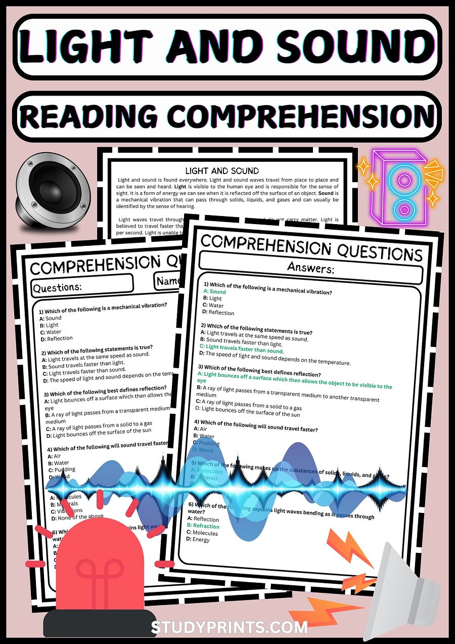 Light and Sound READING COMPREHENSION | MULTIPLE-CHOICE QUIZ & ANSWER KEY product image (1)