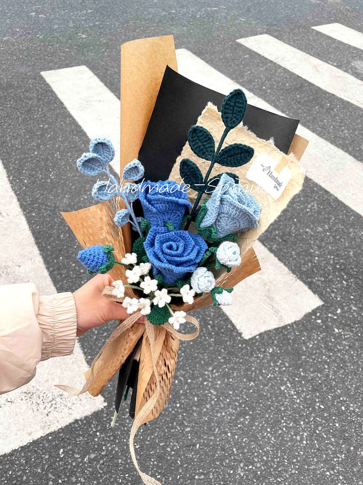 Haze Blue Indigo Rose Crochet Knit Bouquet product image (1)