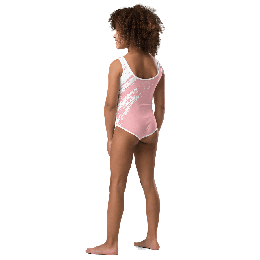 Girls' | One-Piece Swimsuit | BOURNE to Cape Cod™ | Front Logo | Coastal Kids Swimwear | Blue Logo on Pink & White Brushstroke product image (3)
