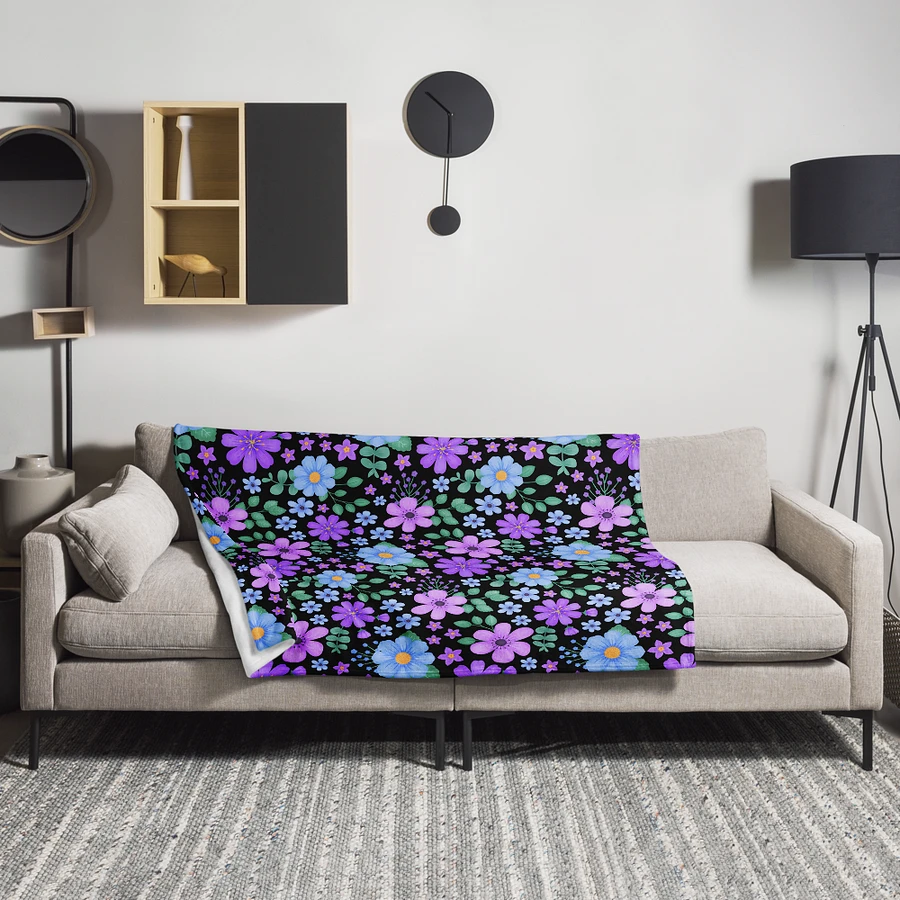 Vibrant Floral Blooms Blue Mauve Purple Blanket - Black product image (13)