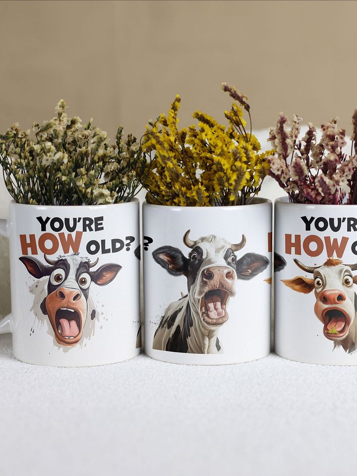 "You're HOW old?" Shocked Cows. White glossy mug product image (1)
