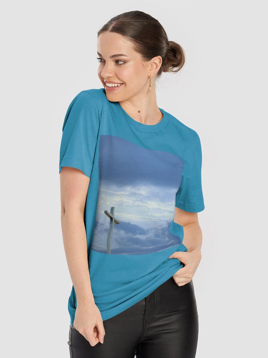 A cross standing against a dramatic sky with layers of clouds t-shirt product image (9)