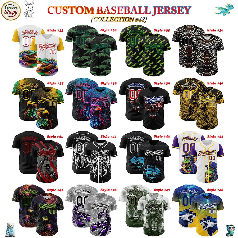 Authentic Baseball Jersey, Custom Baseball Jersey, Personalized Sport Jersey, Colorful, Number, 3D Animals product image (183)