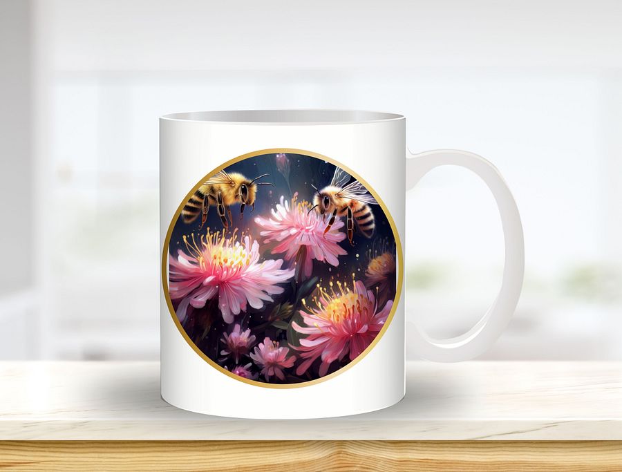 Bee & Flower Mug Sublimation Design, 11oz & 20oz Mug Template, Mug Wrap Template PNG, Digital Download product image (1)
