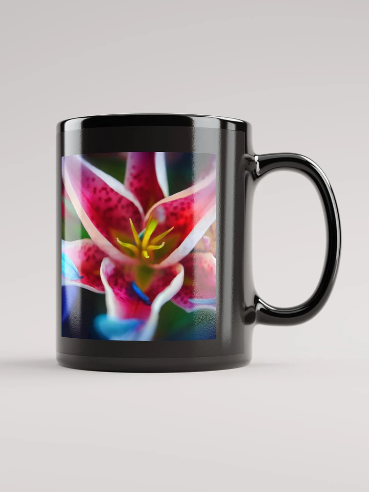 Blue Petals on a Pink and White Lily Black Coffee Mug product image (1)