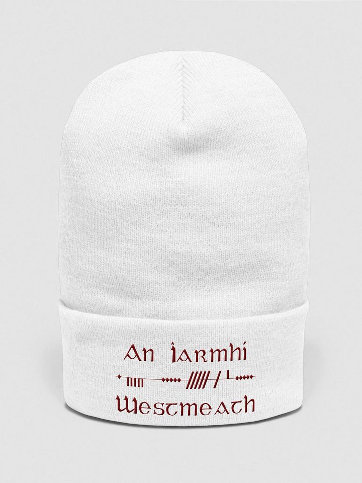 Westmeath/An Iarmhí Scholastic style Ogham, white with maroon, embroidered Cuffed Beanie product image (1)