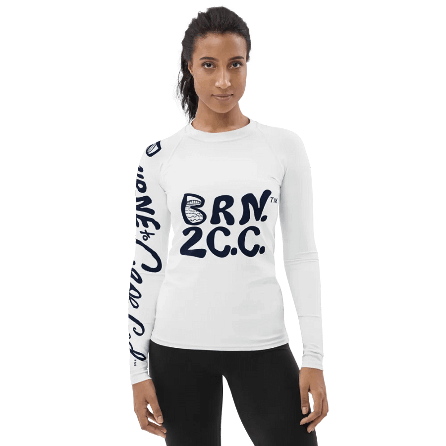 BOURNE to Cape Cod™ | Women's Rash Guard | BRN.2C.C.™ | Navy Blue Logos on White product image (1)