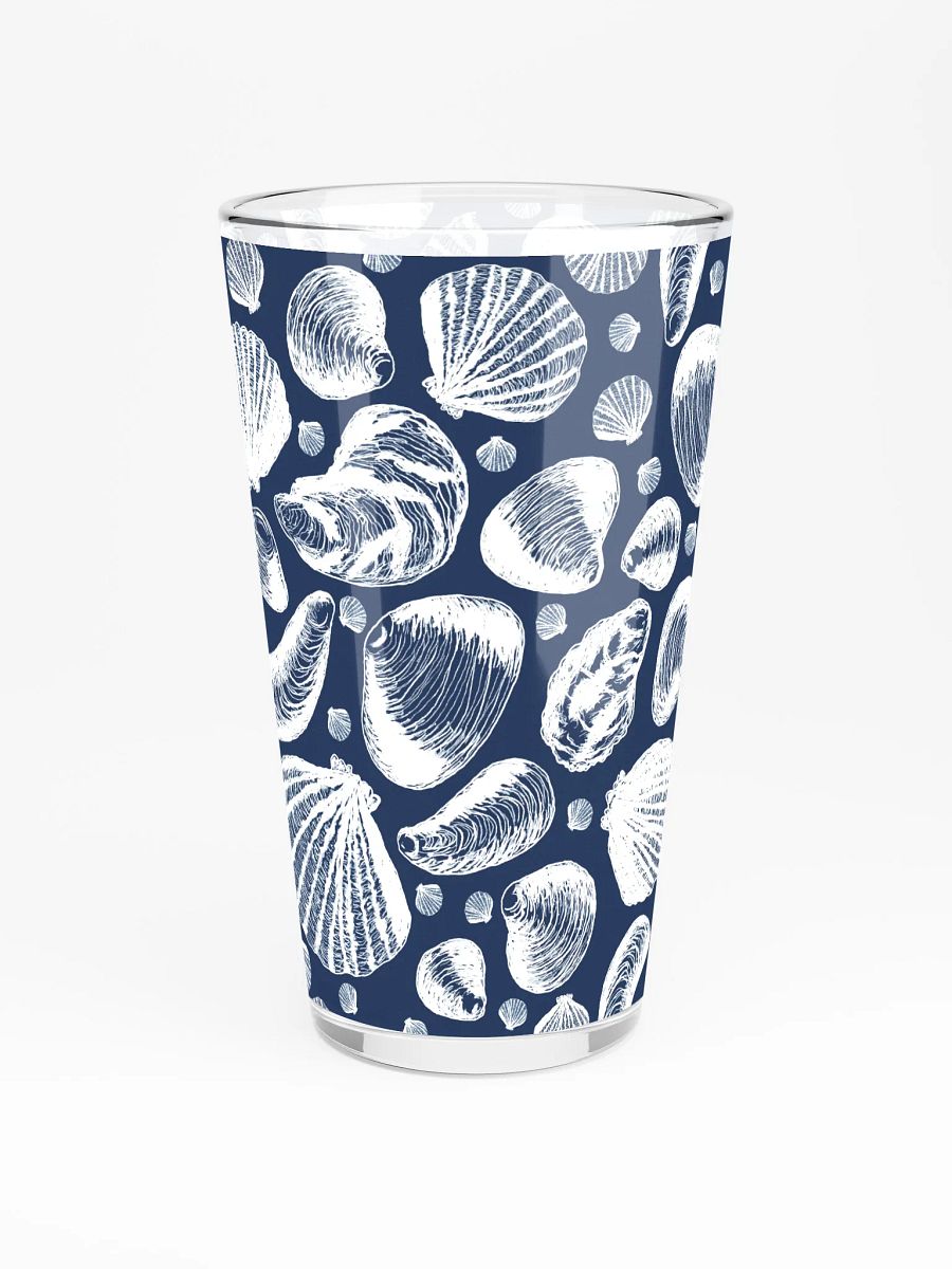 New England Tidal Treasures | | White on Dark Blue | Coastal Shell Repeat | Shaker Pint Glass by Monique Faella Designs™ Shell Yeah, It’s Sip Time 🐚🍺🌊 product image (3)
