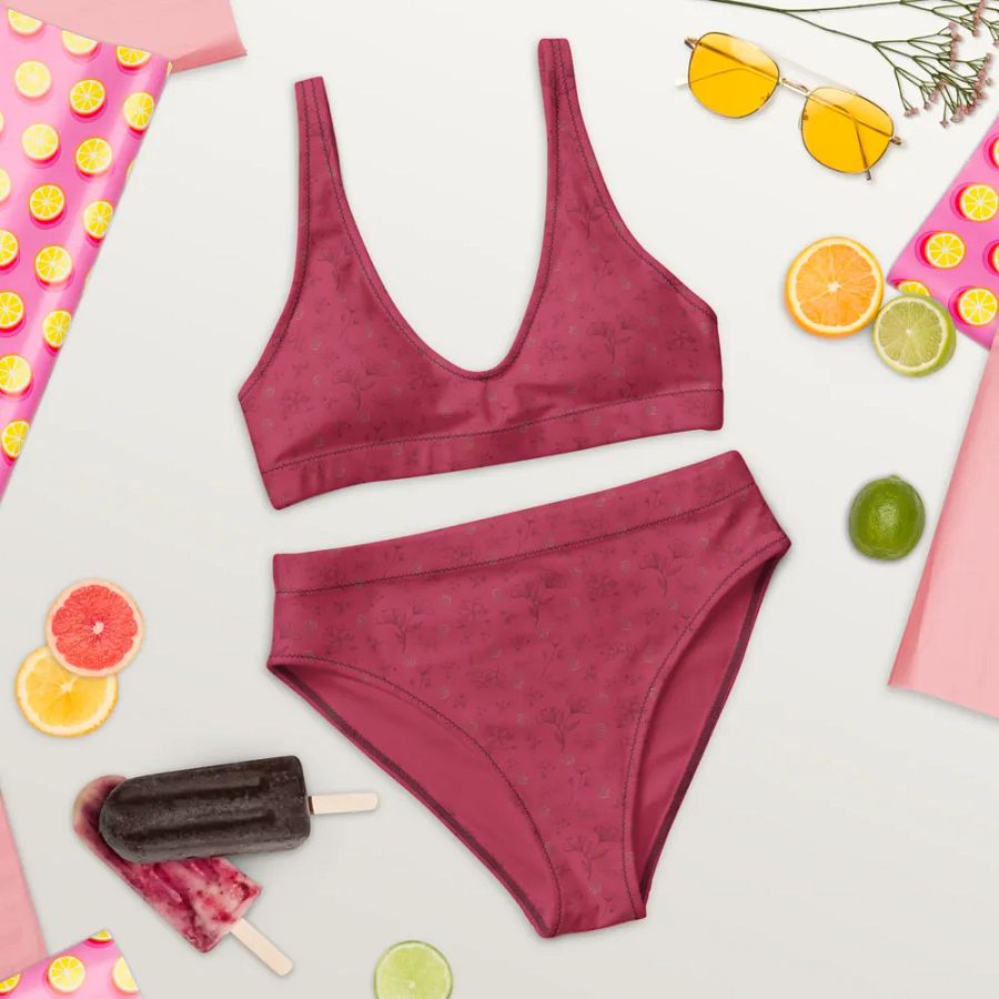 Gold Leaves and Chocolate Flowers on Magenta Eco-Green High Waisted Bikini product image (6)